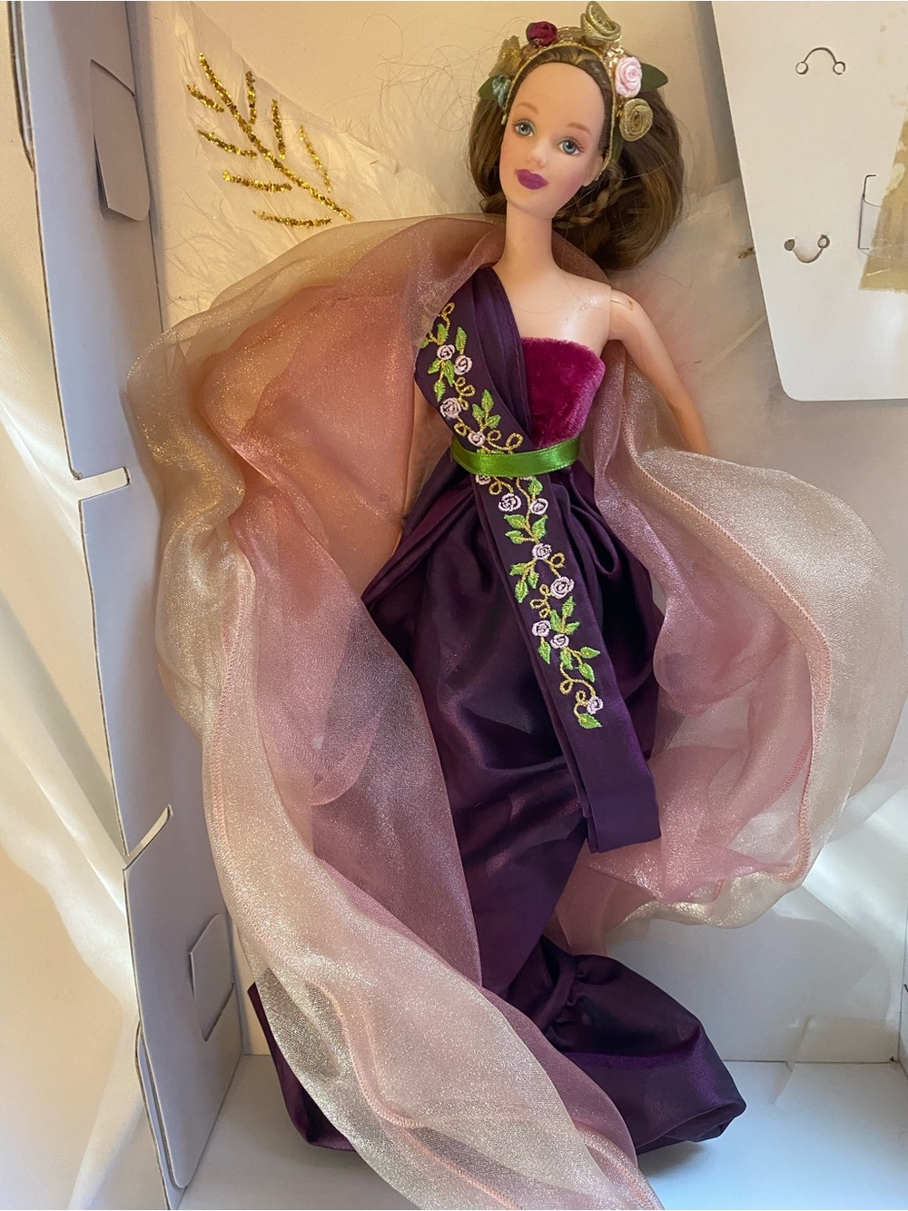 Source Unknown Purple and Pink Floral Doll Gown with Green Accents